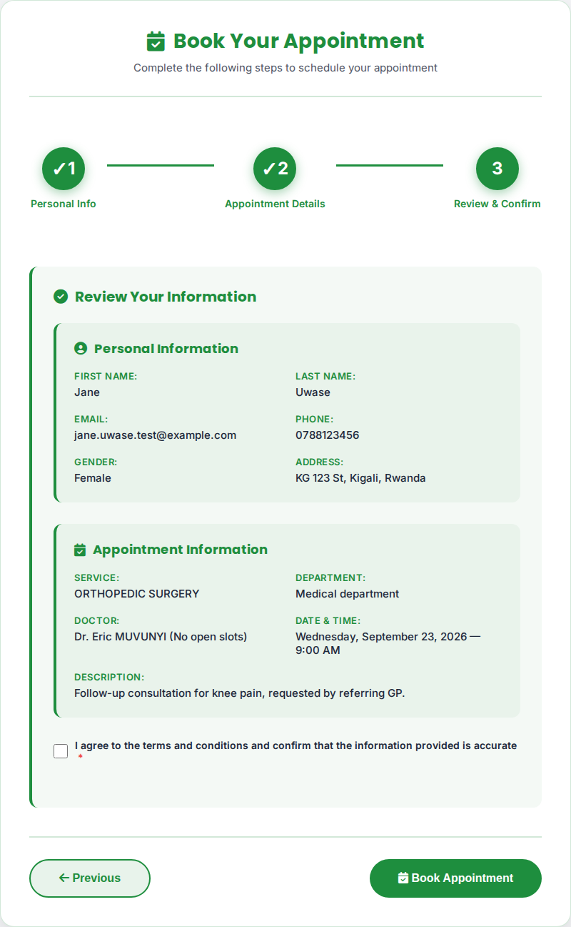 Review and confirm screen summarizing personal and appointment information